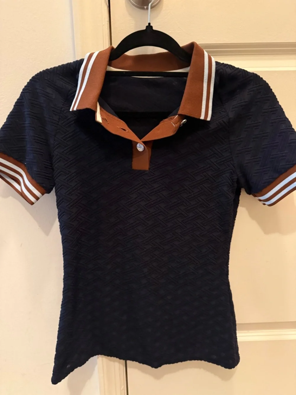 Tory Burch Navy and Brown Short Sleeve Polo Tee - Picture 2 of 5